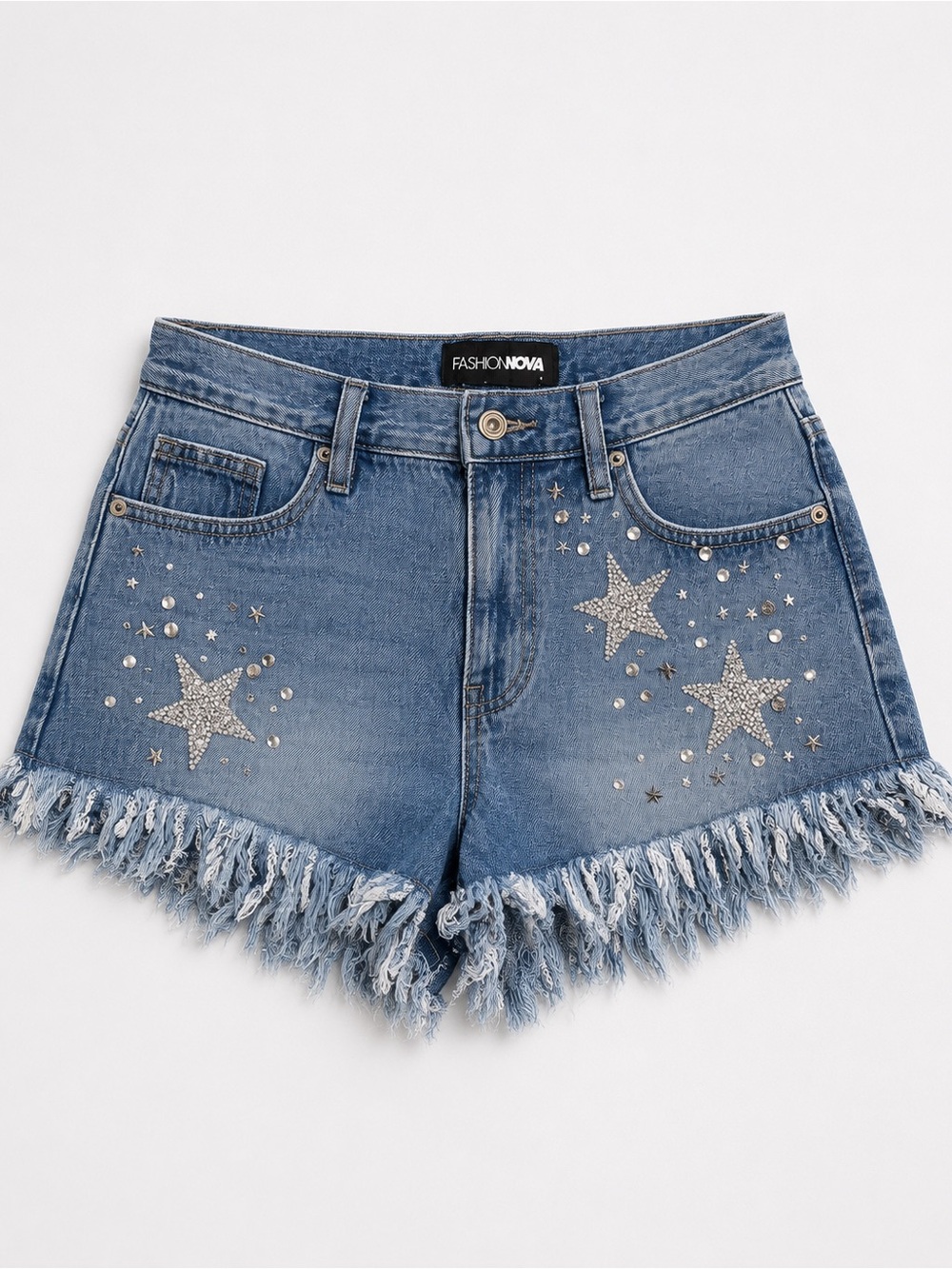 Fashion Nova Light Blue Crystal Star Fringe Denim Shorts